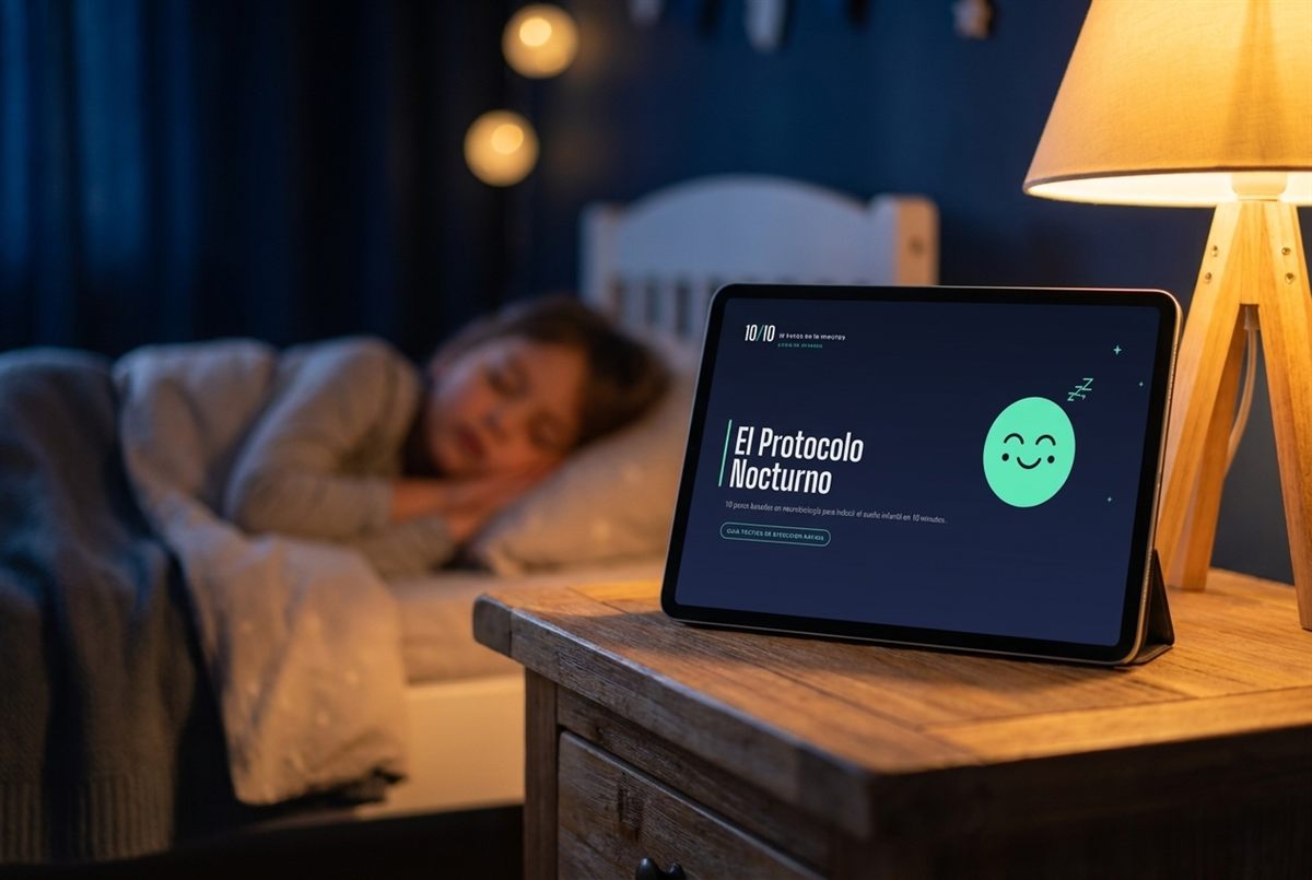 La guía El Protocolo Nocturno en una tablet sobre la mesita de noche, junto a un niño durmiendo tranquilo.
